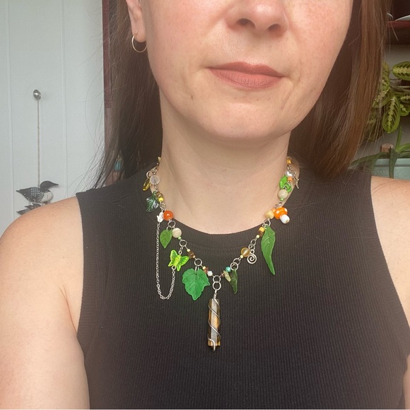 Greenwood Fairy Beaded Charm Pendant Necklace Leaves Tiger’s Eye Butterfly Chain - Picture 6 of 8